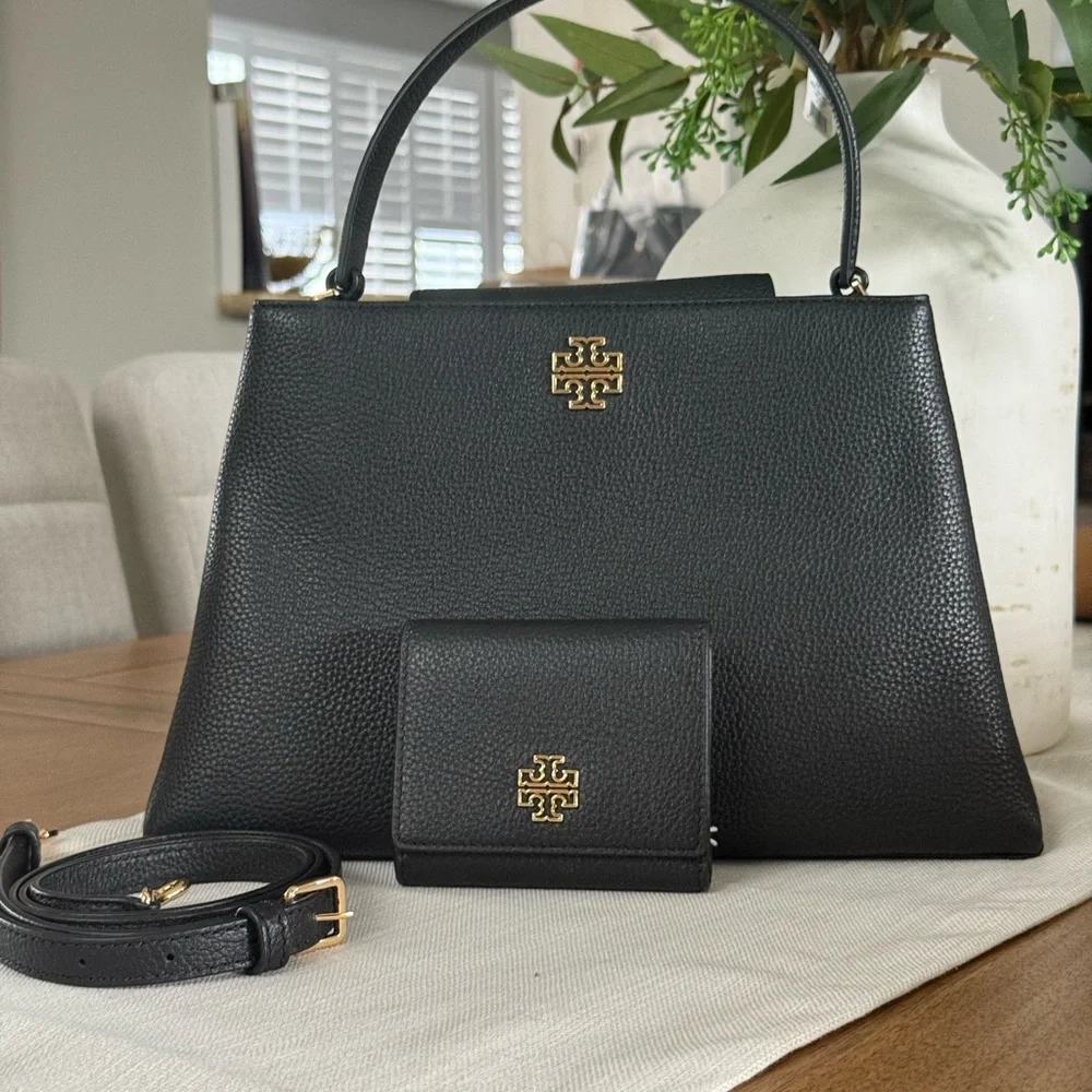 880+! New Tory Burch Britten in black Leather Satchel and Britten bifold wallet
